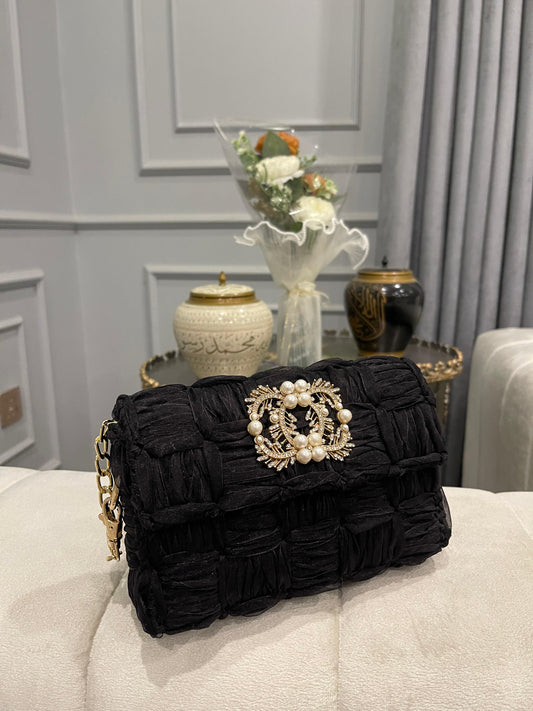 Elegant Black Quilted Velvet Clutch Bag with Pearl & Rhinestone Brooch and Gold Chain Strap