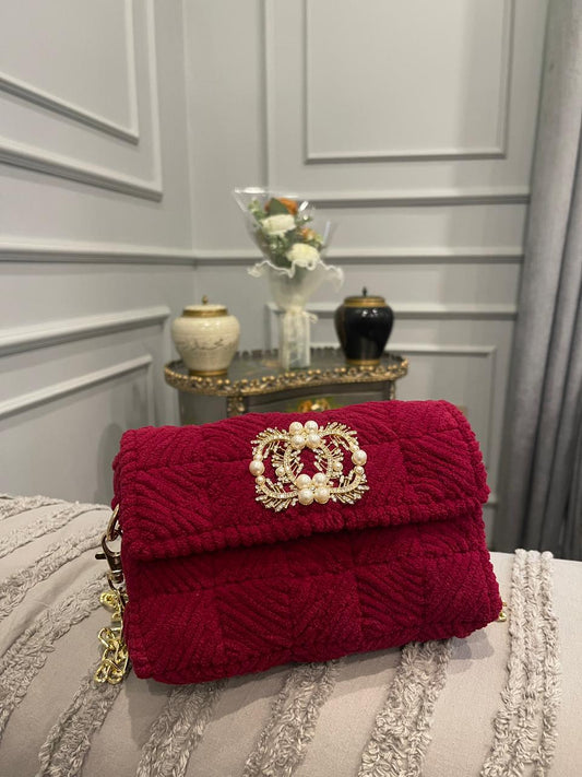 Luxury Burgundy Textured Clutch Bag with Pearl & Gold-Tone Brooch