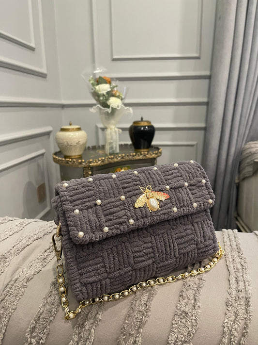 Luxury Grey Corduroy Pearl-Embellished Shoulder Bag with Bee Brooch & Gold Chain Strap