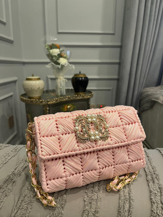 Elegant Pink Pleated Shoulder Bag with Pearl & Crystal Embellished Clasp