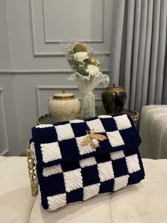 Navy Blue & White Woven Checkered Shoulder Bag with Gold Bee Brooch
