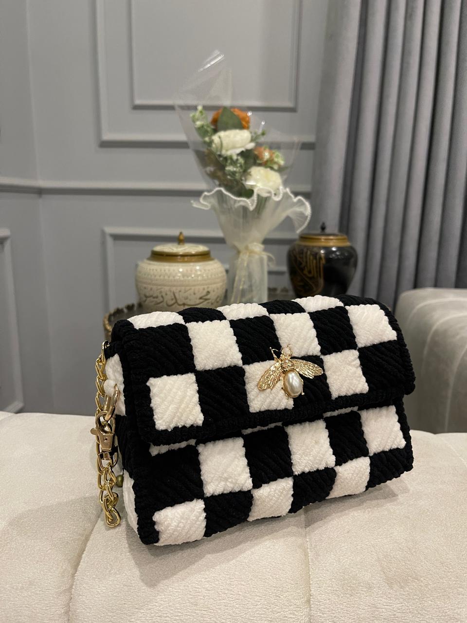 Black & White Checkerboard Quilted Shoulder Bag with Gold Bee Charm