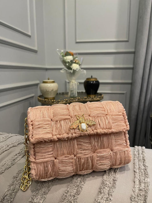 Luxury Blush Pink Ruched Woven Shoulder Bag with Pearl Bee Brooch & Gold Chain Strap