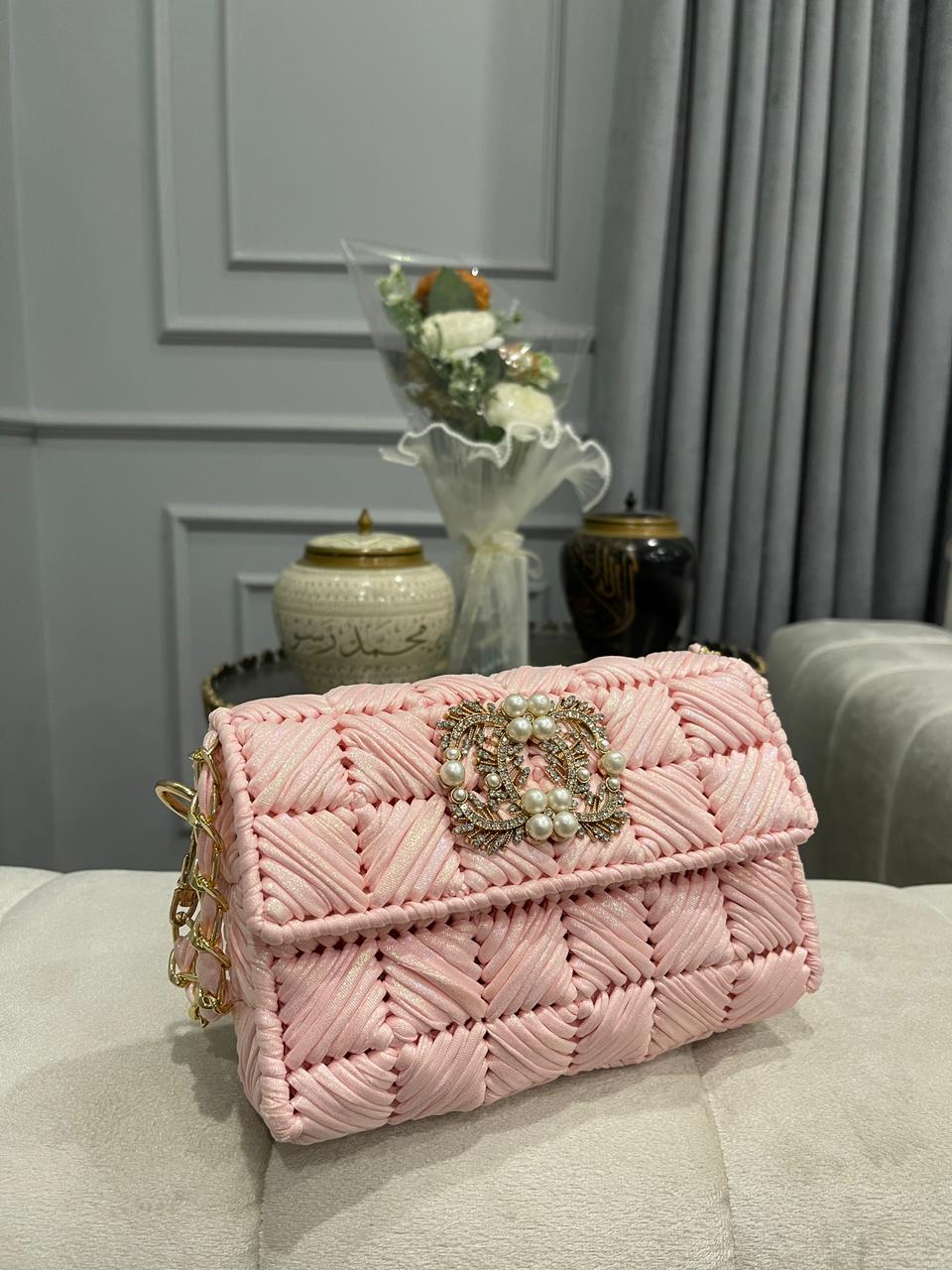 Elegant Pink Pleated Shoulder Bag with Pearl & Crystal Embellished Clasp