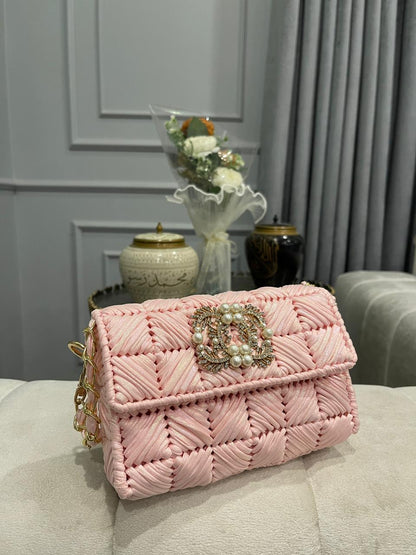 Elegant Pink Pleated Shoulder Bag with Pearl & Crystal Embellished Clasp