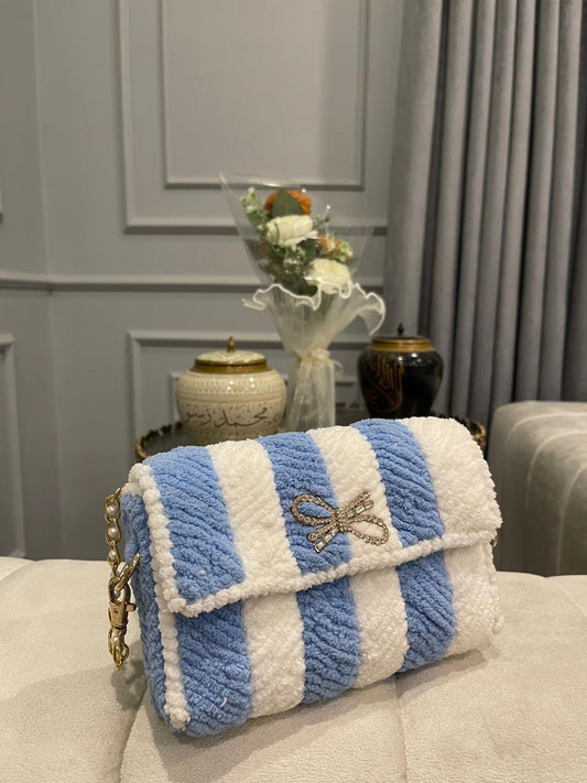 Luxury Sky Blue & White Textured Striped Clutch Bag with Crystal Bow & Gold Chain