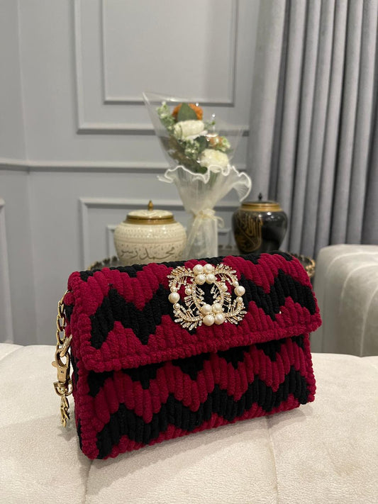 Burgundy & Black Textured Clutch Bag with Pearl & Gold-Tone Brooch