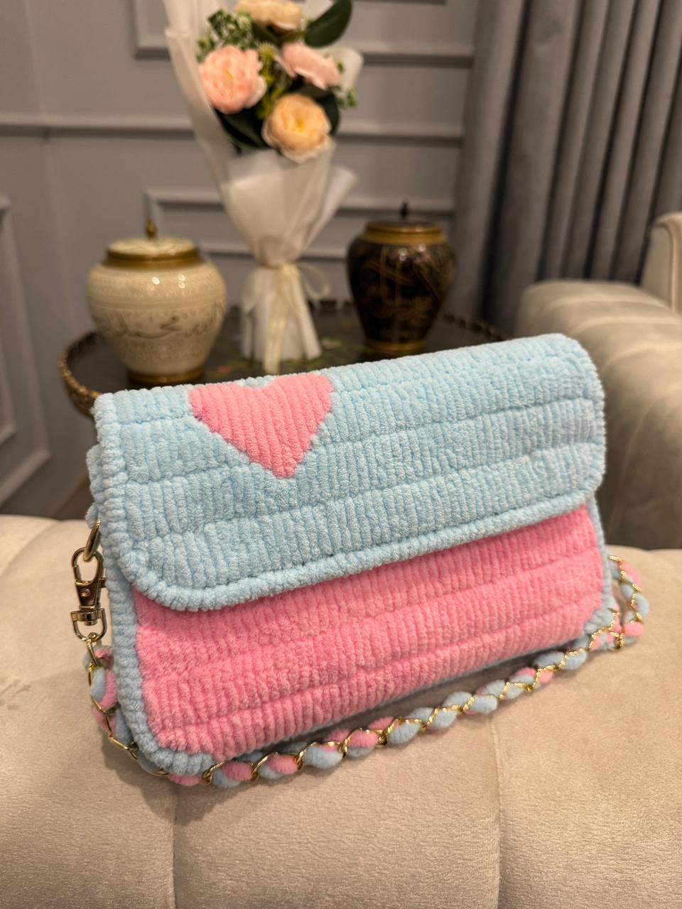 Pastel Blue & Pink Textured Shoulder Clutch Bag with Decorative Chain