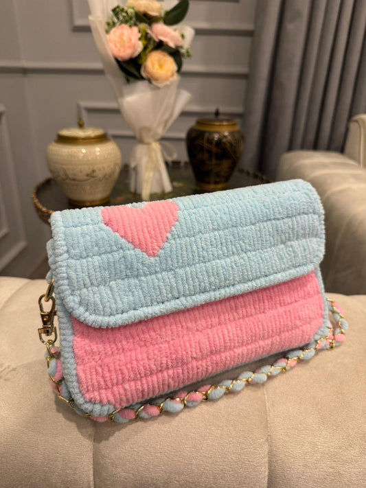 Pastel Blue & Pink Textured Shoulder Clutch Bag with Decorative Chain